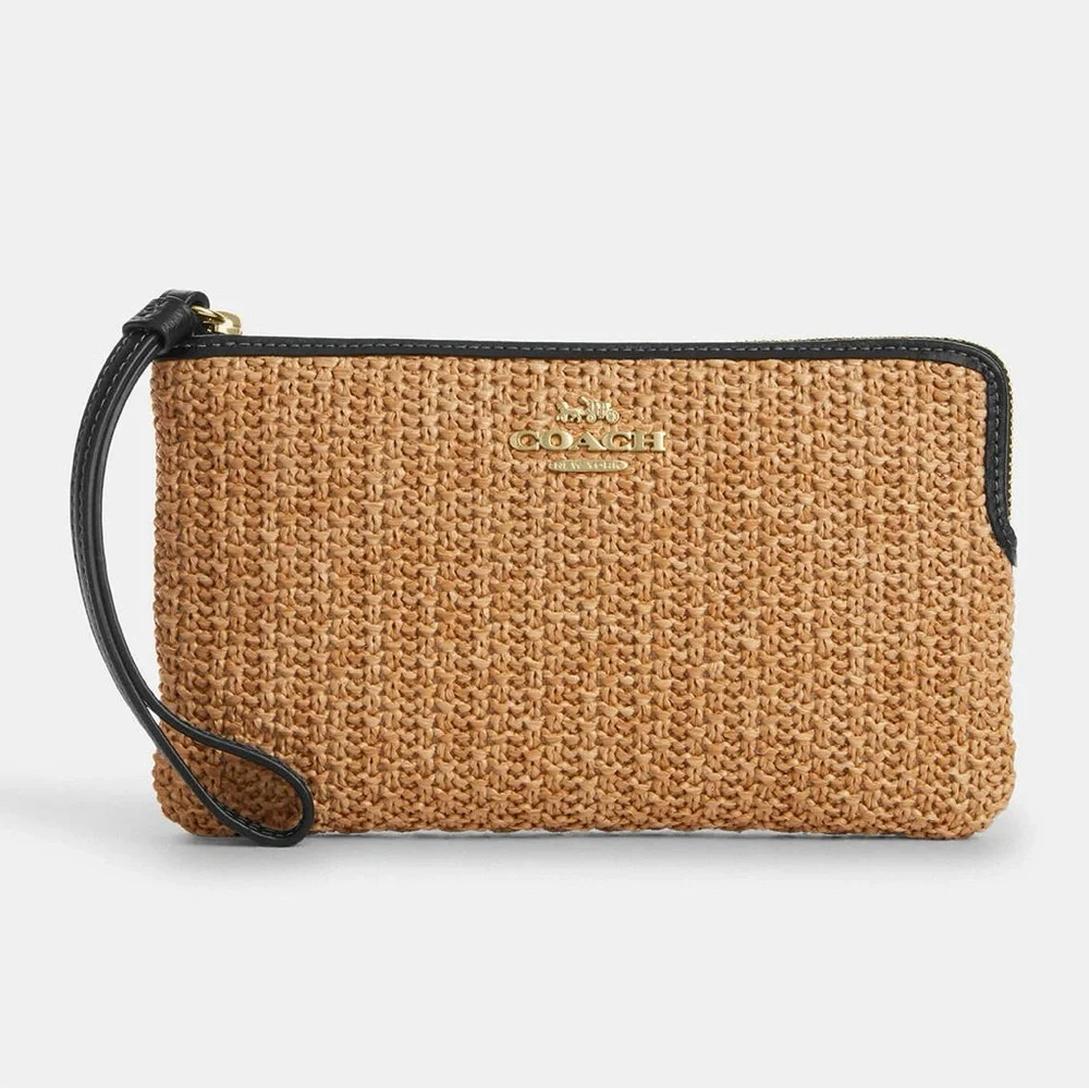 Coach Large Corner Zip Wristlet in Straw & Smooth Leather CAQ14 NWT